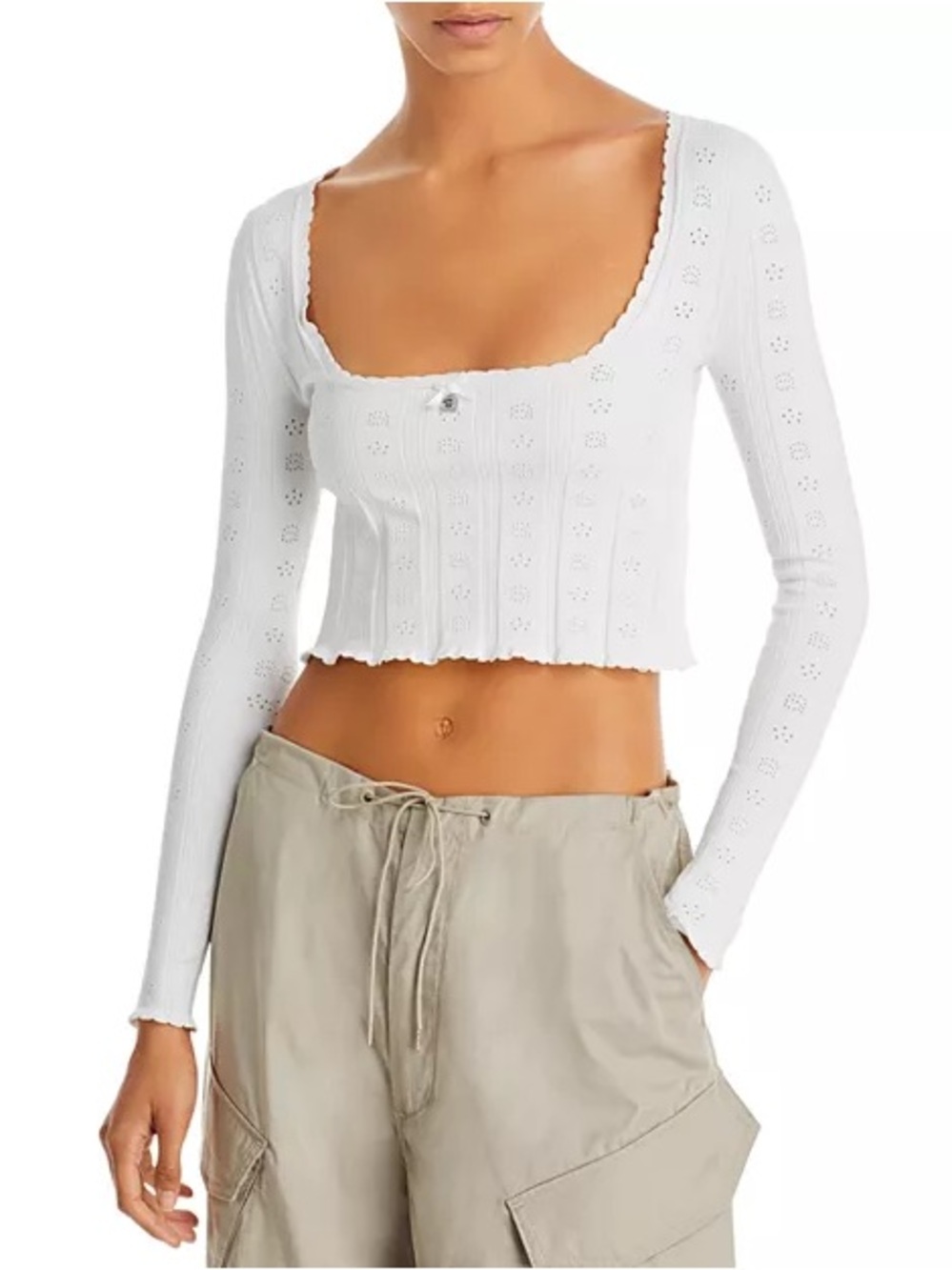Alexander Wang soft‎ white pointelle cropped scoop neck long sleeve top